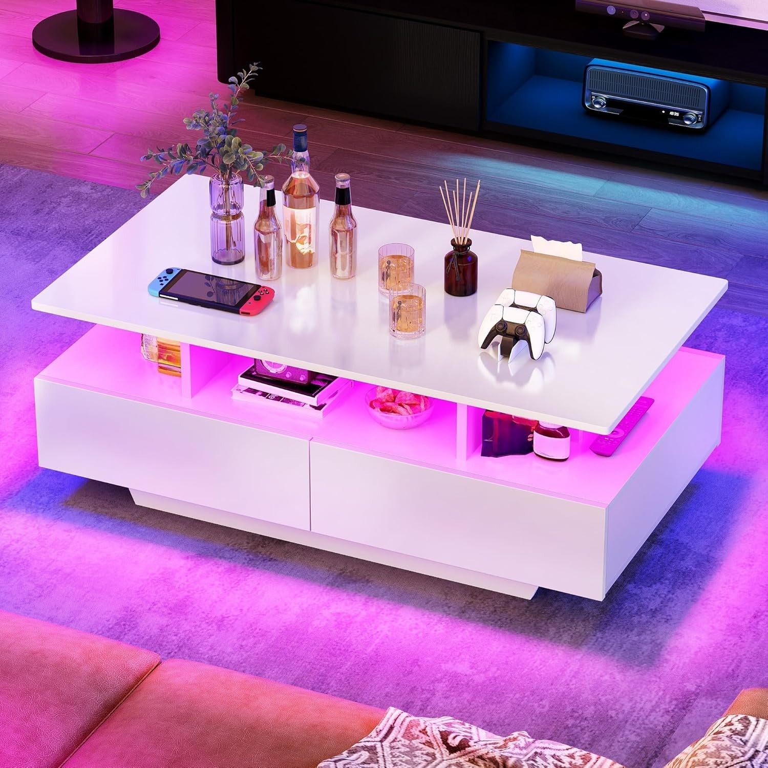LED Coffee Table with Storage Drawers White Gloss 16-Color Light Modern