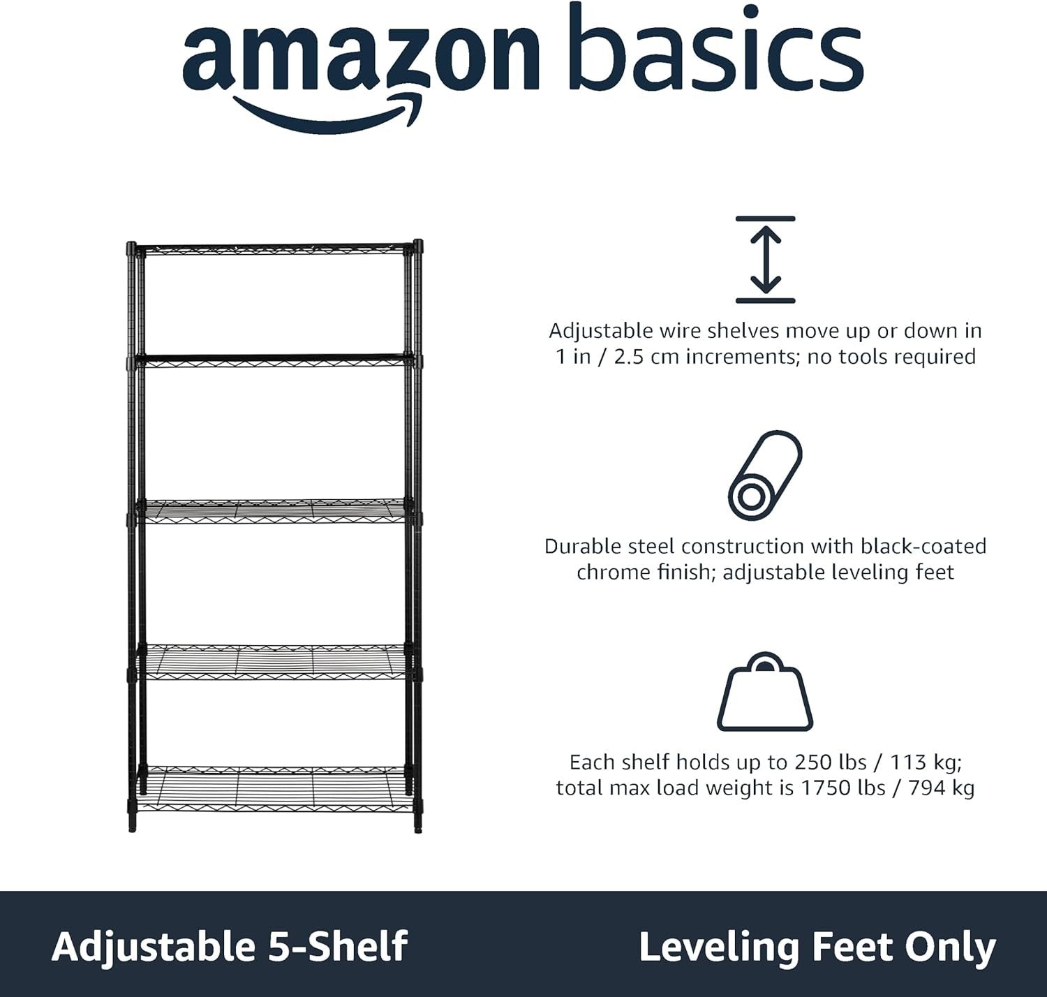 5-Tier Heavy-Duty Metal Storage Rack Adjustable Shelves Industrial Black Unit