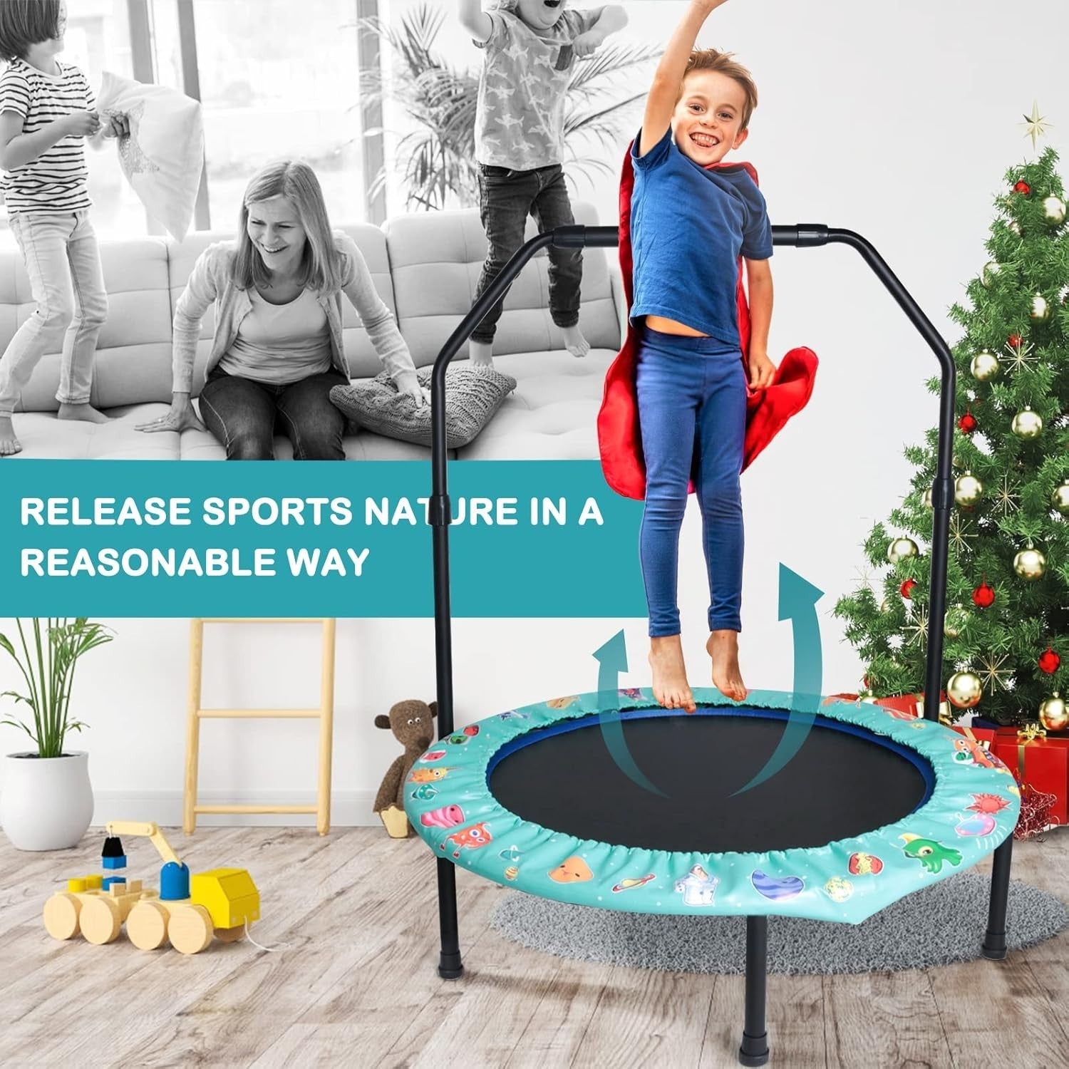 36'' Kids Foldable Trampoline with Adjustable Handle Quiet Indoor Outdoor Green
