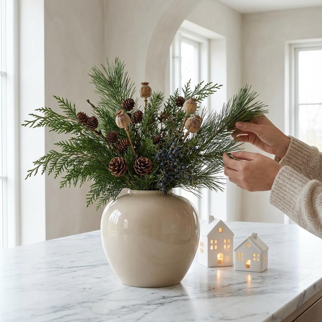Cream Ceramic Flower Vase 20cm Round Minimalist Modern Home Décor