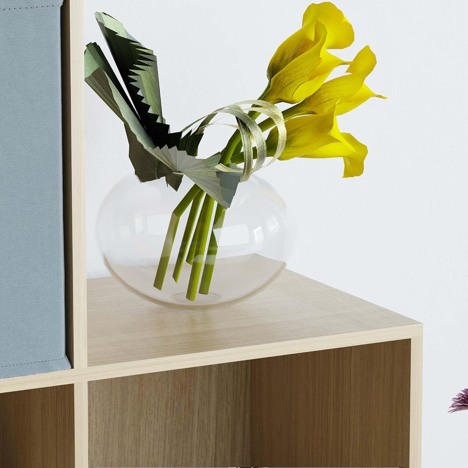 Oak 6 Cube Staircase Bookcase with 3 Grey Storage Baskets – Modern Shelving