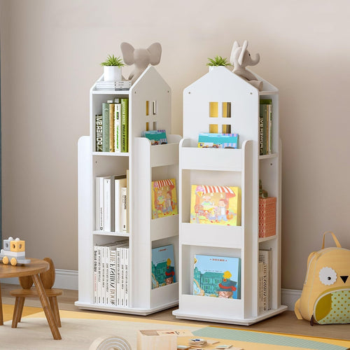 360° Rotating 3-Tier Kids Bookshelf – House Shape, Space Saving Storage