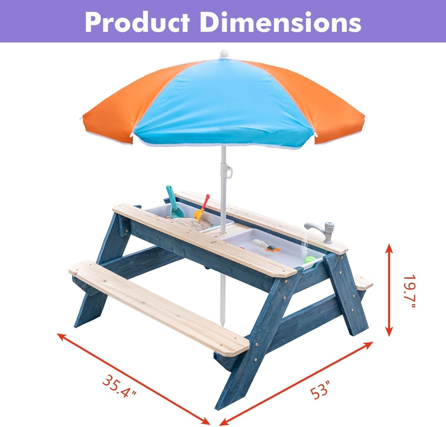 Kids 3in1 Sand & Water Activity Table Wooden Picnic Bench Blue Orange