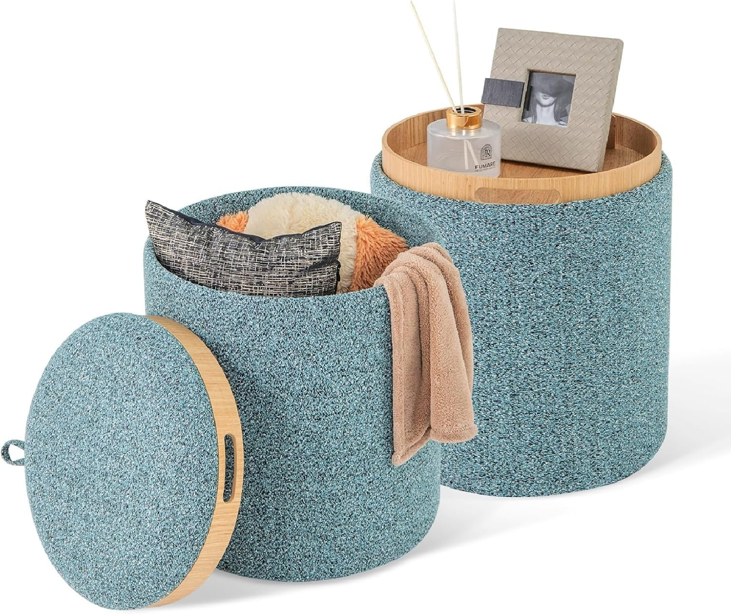 Blue Nesting Round Footstools Set of 2 Storage Ottomans with Tray Tops