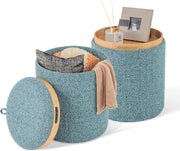 Blue Nesting Round Footstools Set of 2 Storage Ottomans with Tray Tops