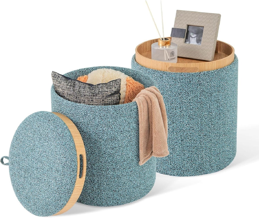 Blue Nesting Round Footstools Set of 2 Storage Ottomans with Tray Tops