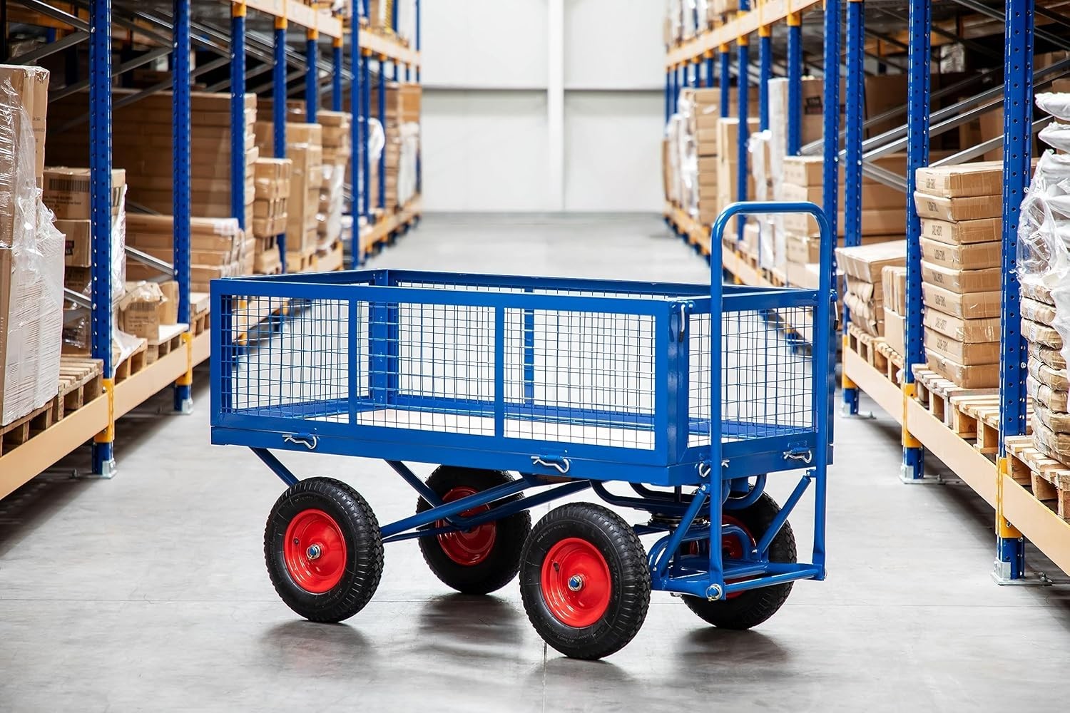 Heavy Duty 1000kg Platform Trolley Cart Mesh Sides Pneumatic Wheels