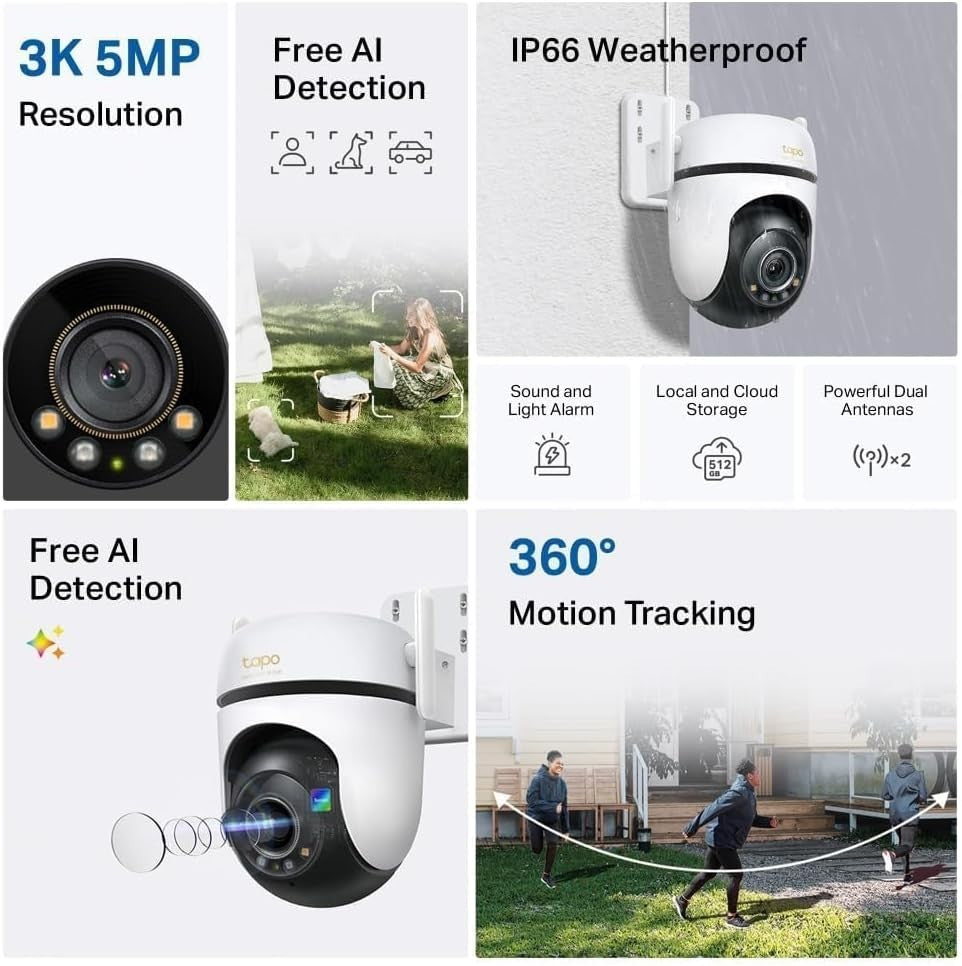 3K 5MP PTZ Outdoor Security Camera 360° WiFi AI Night Vision IP66