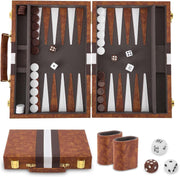 Backgammon Set 11in Wooden Travel Board Game Leather Case for 2 Players