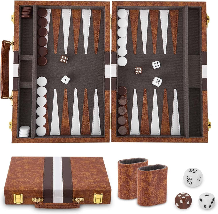 Backgammon Set 11in Wooden Travel Board Game Leather Case for 2 Players