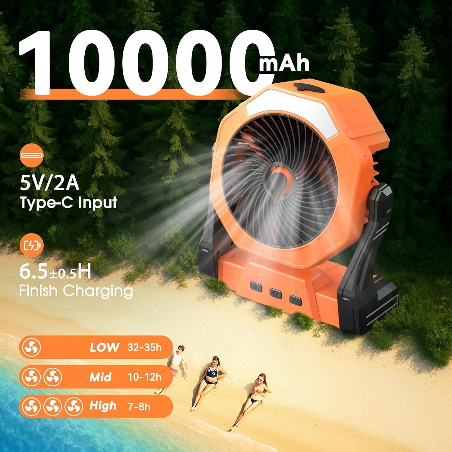 Orange 8" Portable Misting Fan – 10000mAh Rechargeable Cooling Fan w/ LED Light
