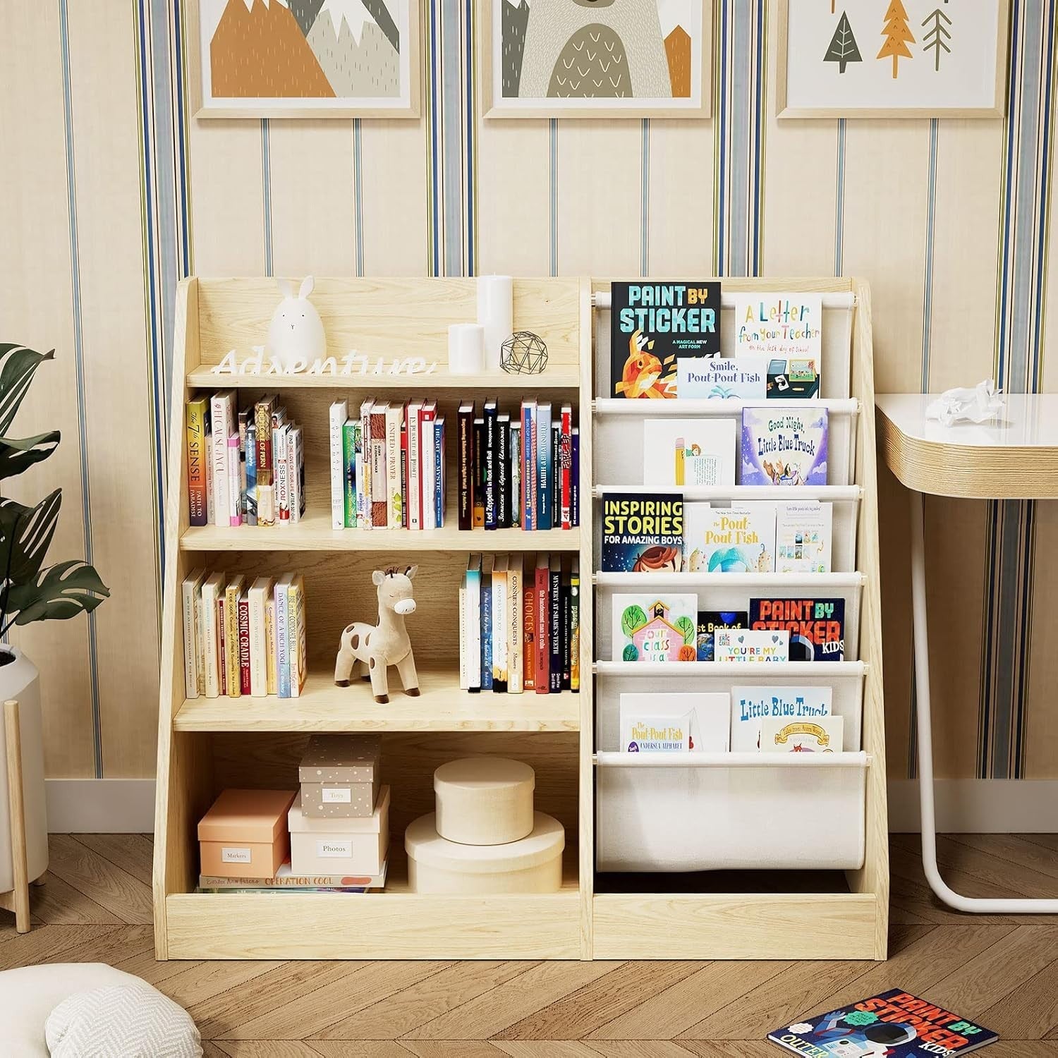 Kids Bookcase with 5 Sling Pockets & 4 Shelves – Wooden Toy & Book Organizer