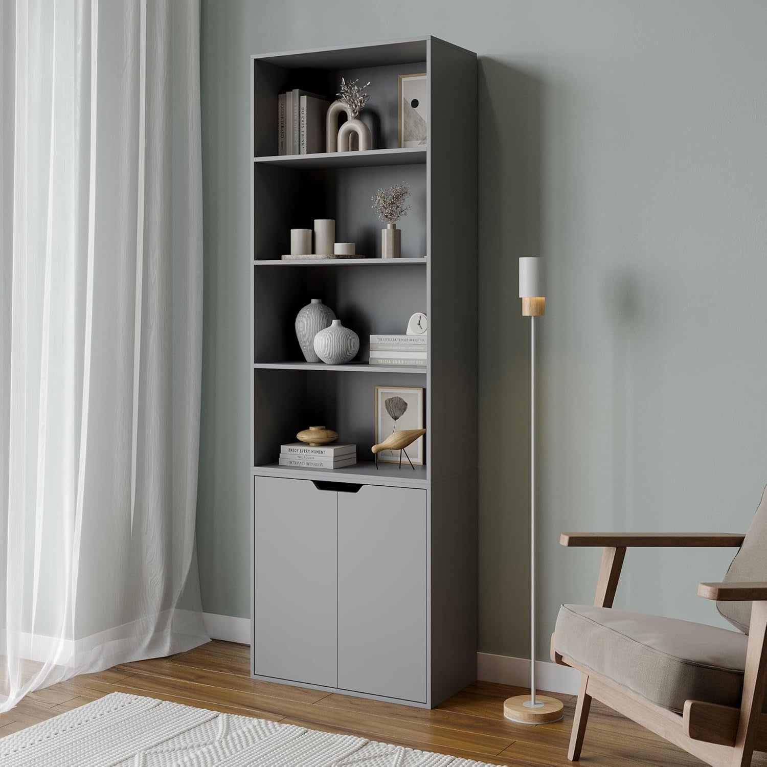Grey 6 Tier Bookcase with Cupboard Modern Storage Shelf 29D x 58.5W x 180H
