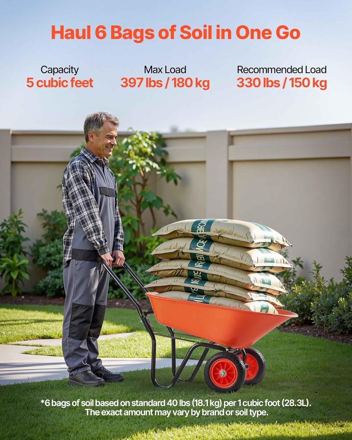 85L 2-Wheel Garden Wheelbarrow & Orange Heavy Duty Cart w/ 397lb Capacity