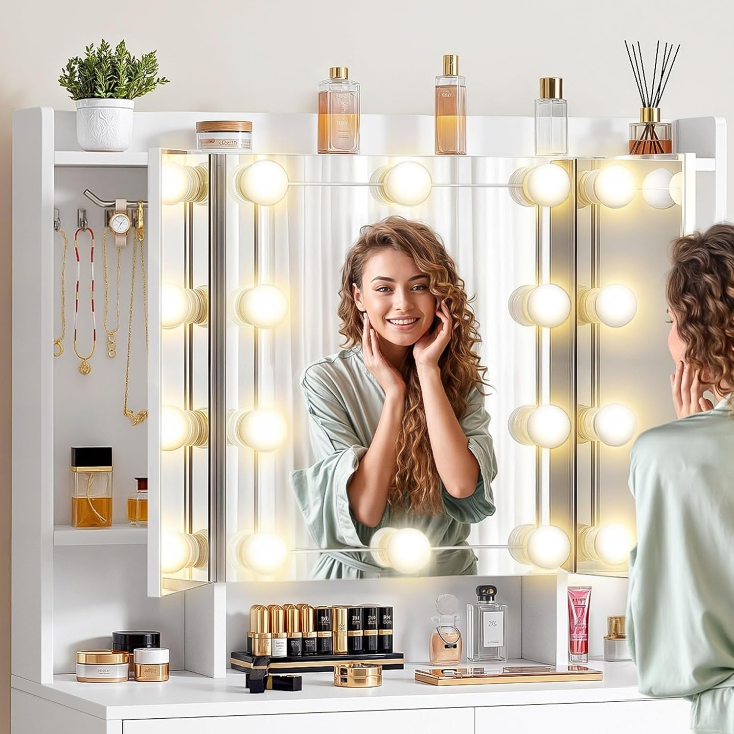 Vanity Dressing Table Desk Set w/ Lighted Mirror Adjustable Shelves Drawers Stor