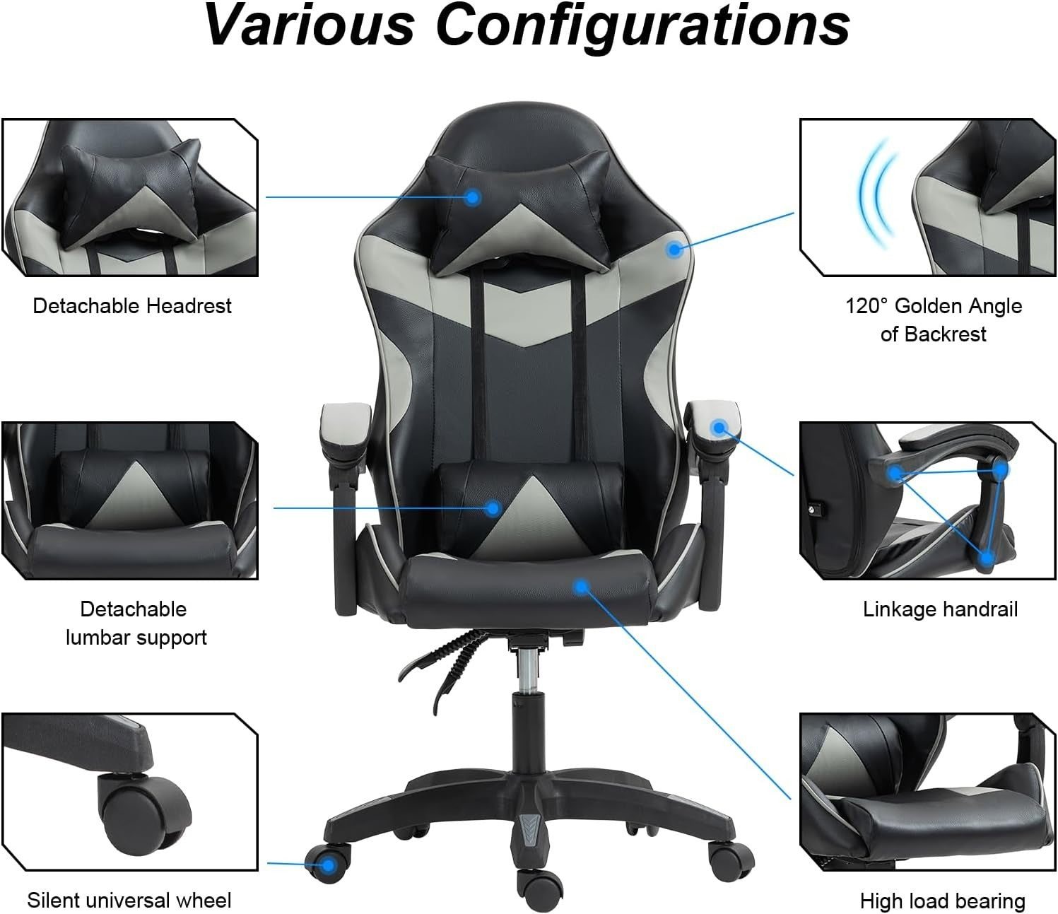 Ergonomic Grey Gaming Chair Swivel Faux Leather Adjustable Lumbar Office