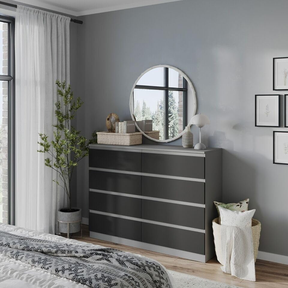 Modern 8 Drawer Chest Black Storage Cabinet Grey Unit for Bedroom Office