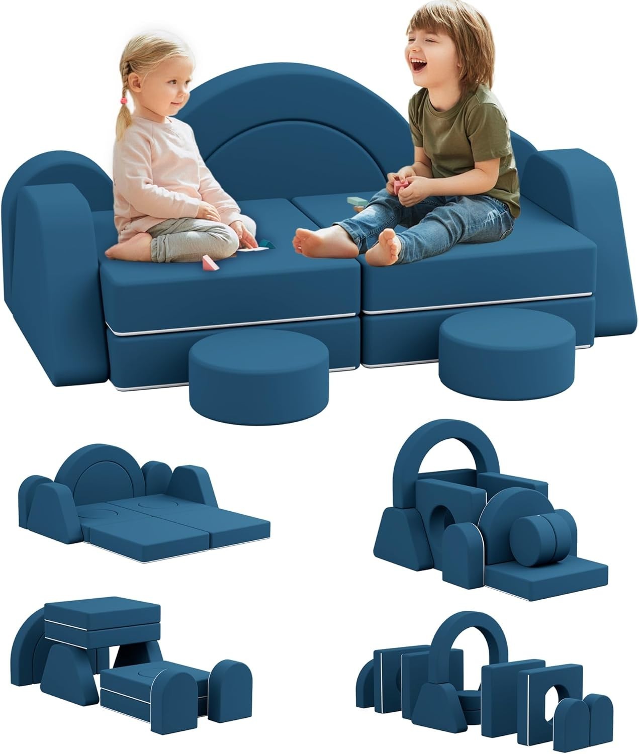 Modular Kids Play Couch Sofa Bed Foam Fort for Creative Play Blue