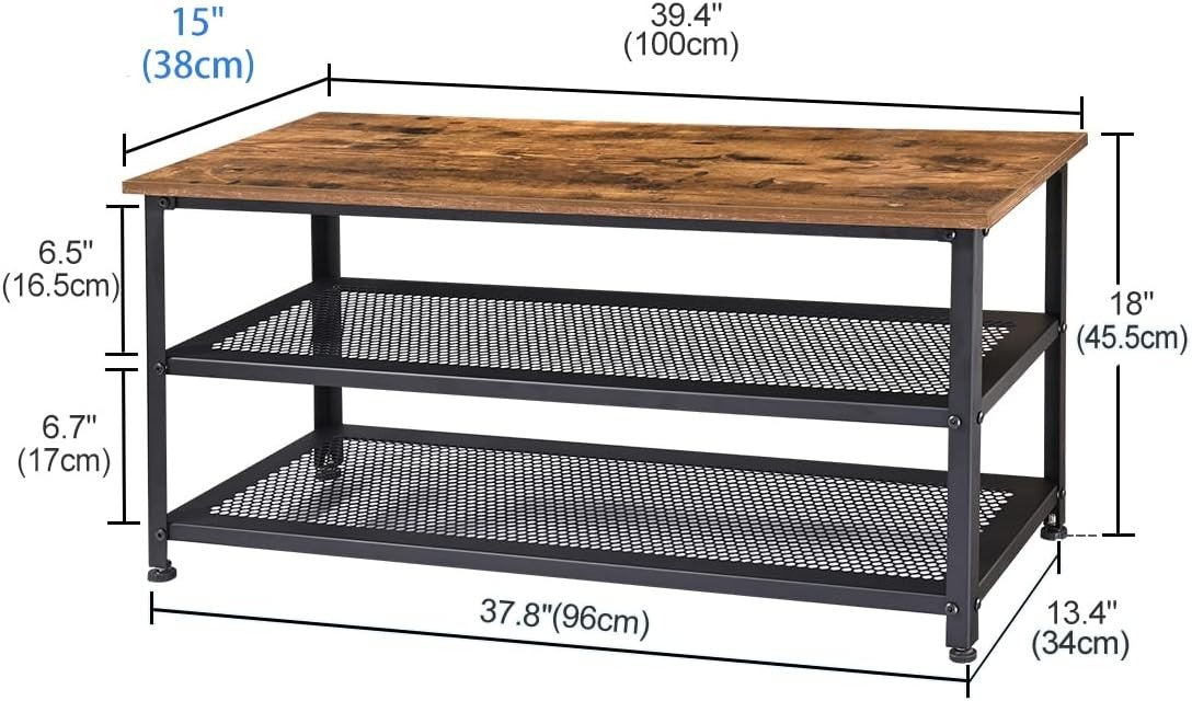 Rustic Brown Industrial Shoe Bench 100cm Storage Rack with Mesh Shelves