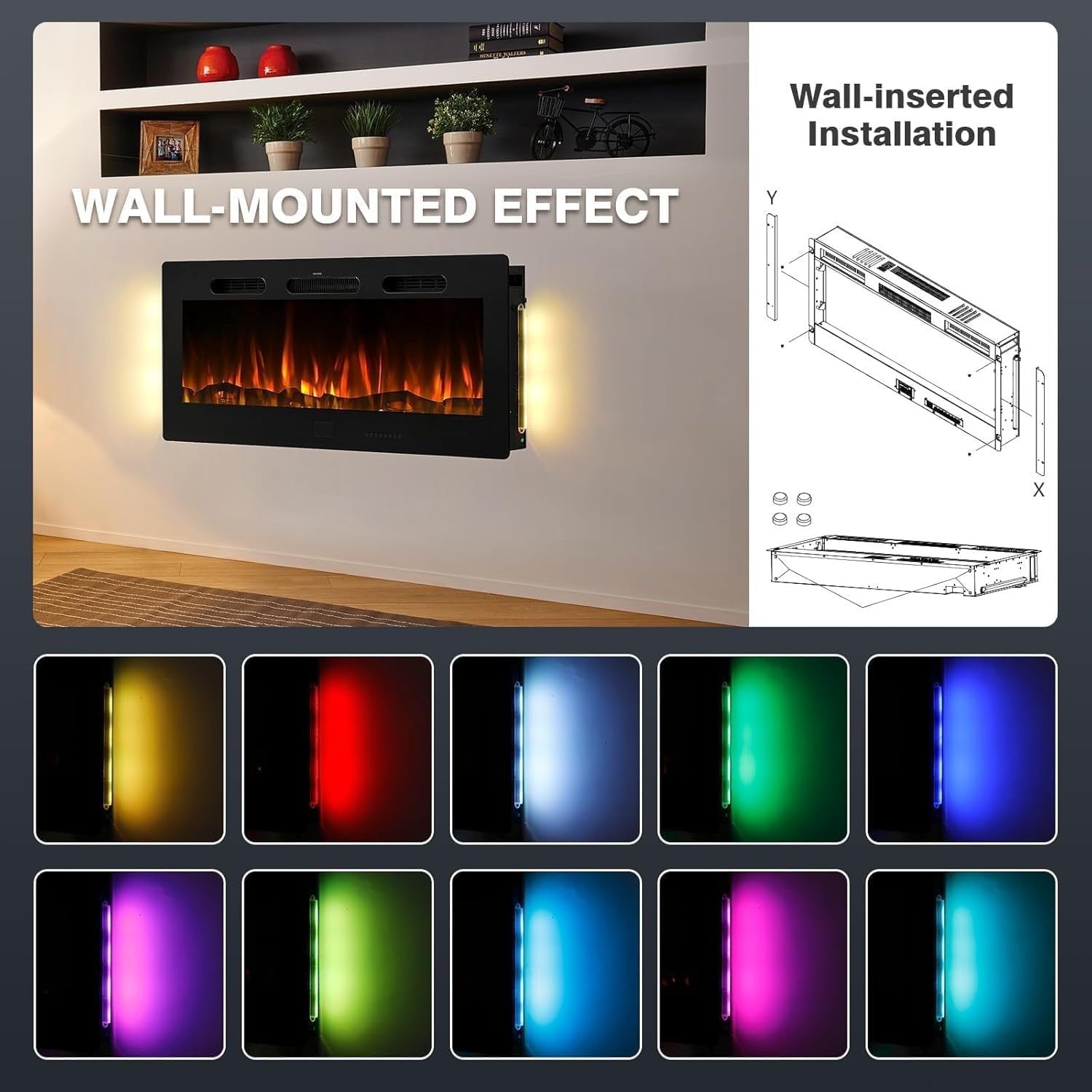 102cm Electric Wall Mounted Fireplace Insert with 10 LED Flames & Remote