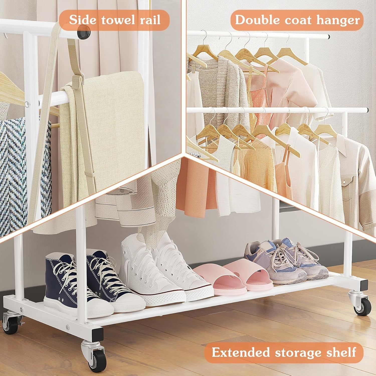 White Double Rod Clothes Rack with Wheels & Storage Shelf