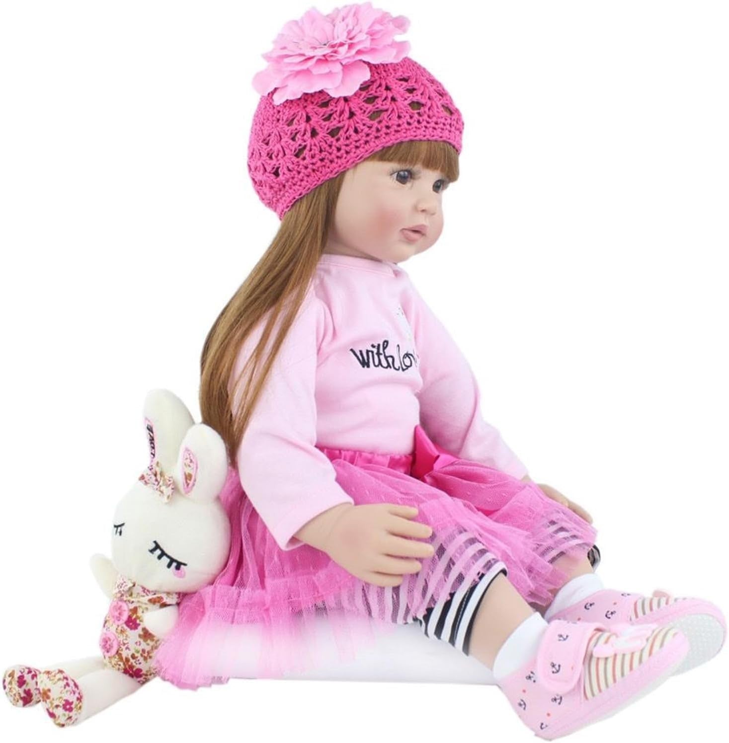 24in Lifelike Reborn Baby Girl Doll Soft Silicone Vinyl Long Hair