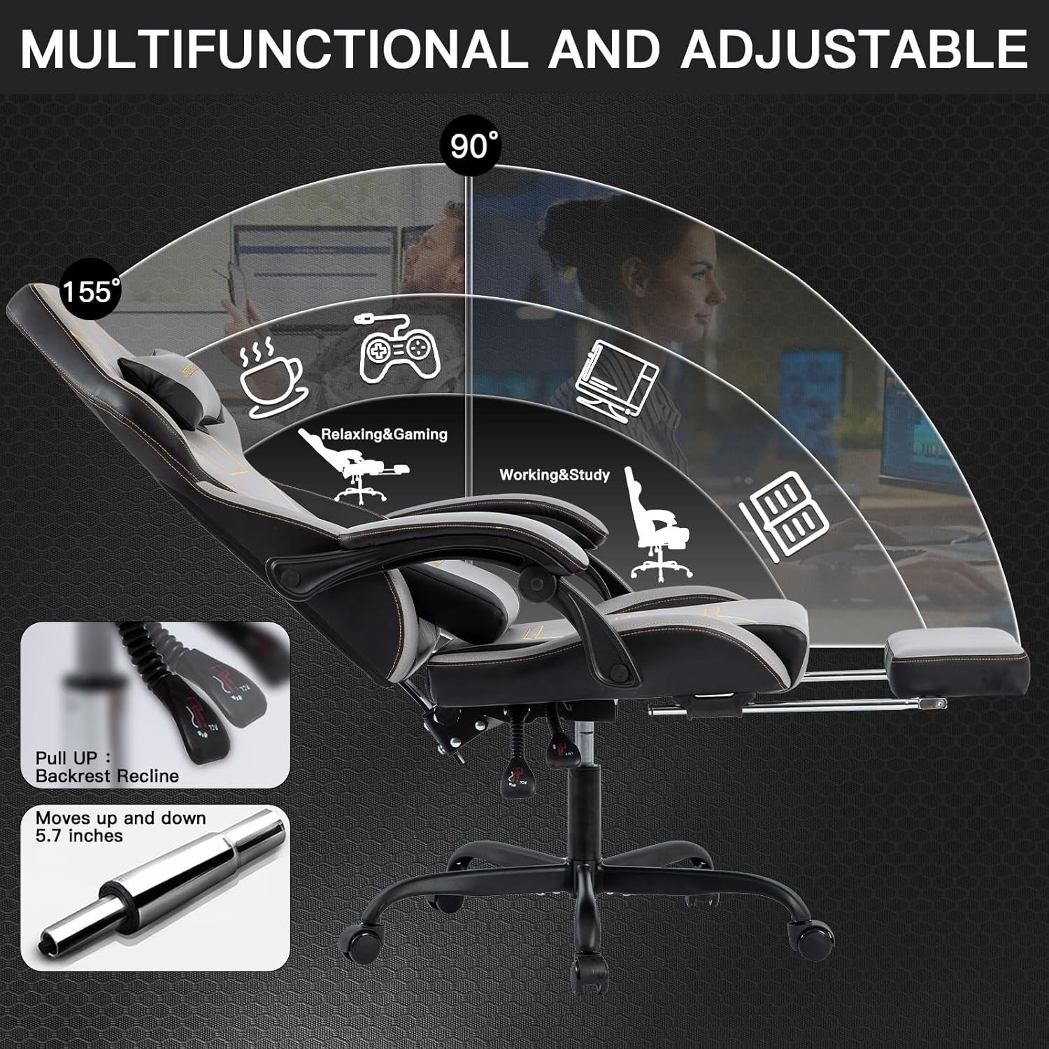 Ergonomic Gaming Chair w/Footrest, Massage Lumbar, High Back Swivel Office Desk