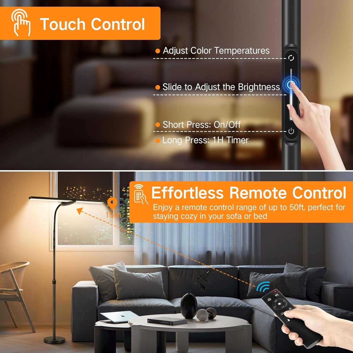 Double Head LED Floor Lamp Dimmable Remote Touch Adjustable Reading Light