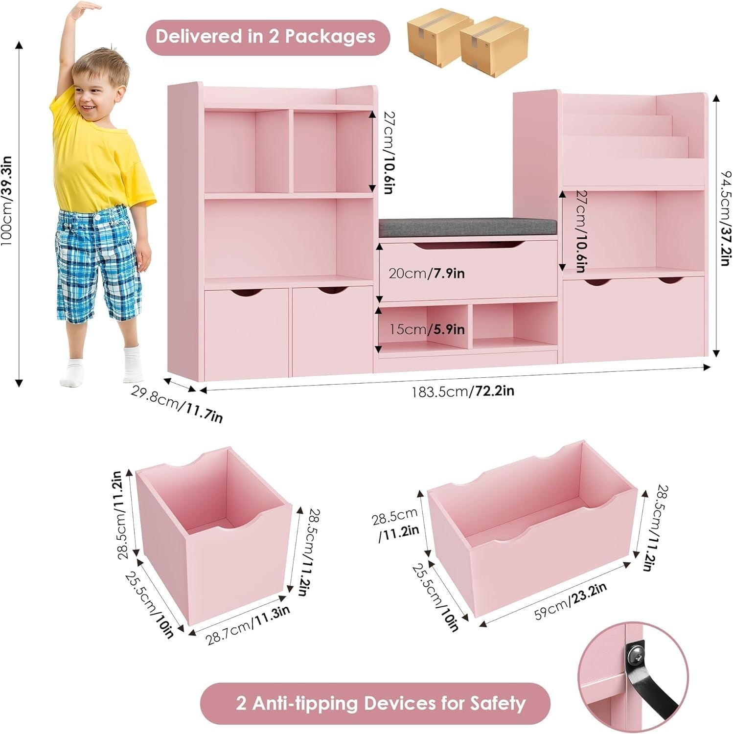 Kids Toy Storage Bookshelf with Bench, 3 Drawers Wheels & 7 Shelves Pink