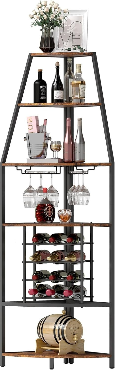 5-Tier Corner Wine Rack with Glass Holders & Bottle Storage, Space-Saving Bar