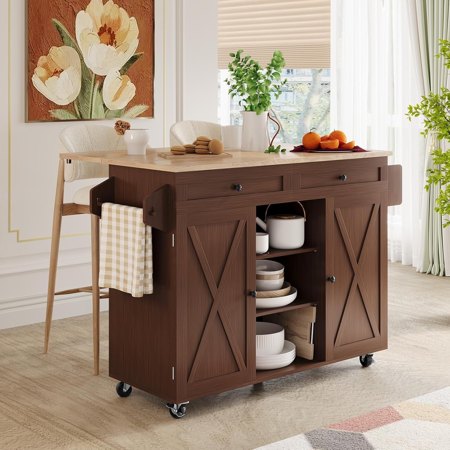 Rolling Kitchen Island Cart Drop Leaf Countertop Storage on Wheels