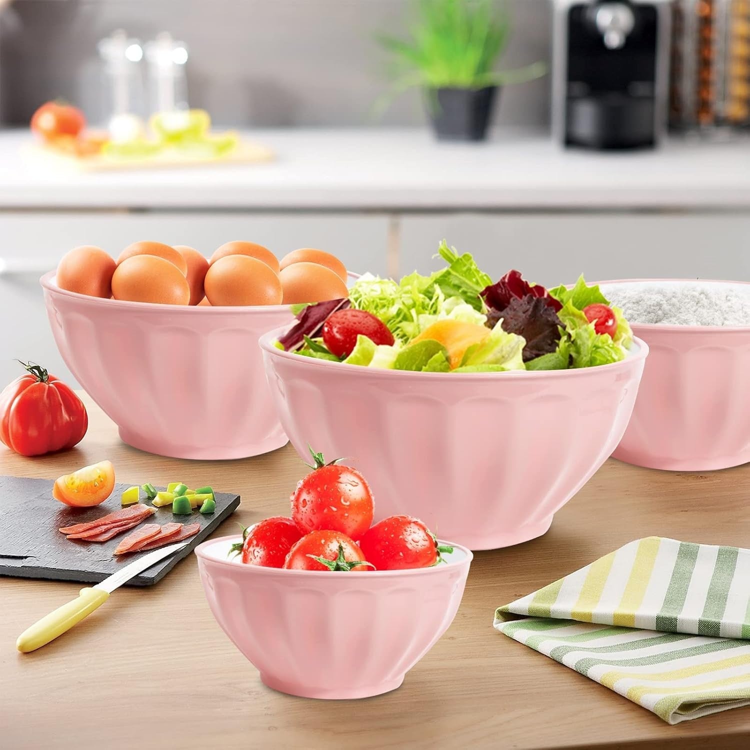 4pc Mixing Bowls With Lids Set Large Nesting Plastic Bowls Pink