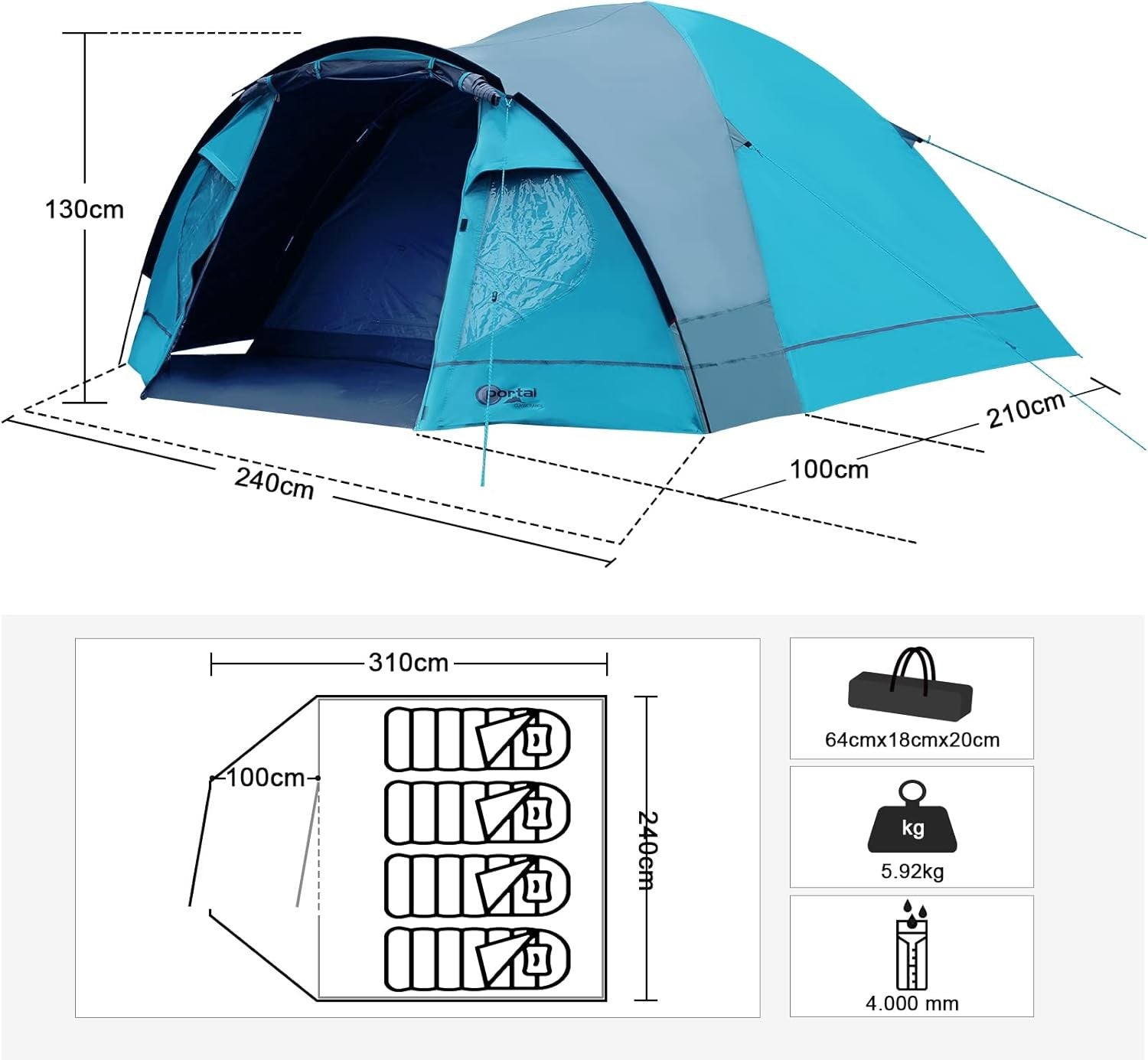 3-4 Man Camping Tent with Porch 4000mm Waterproof Dome
