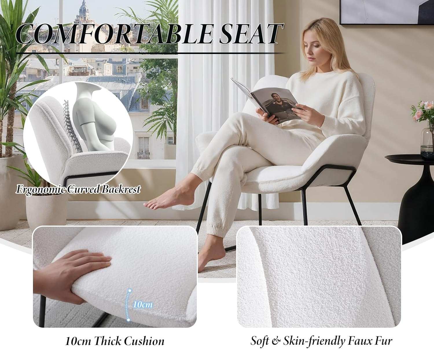 White Faux Fur Accent Tub Chair Metal Legs Modern Armchair