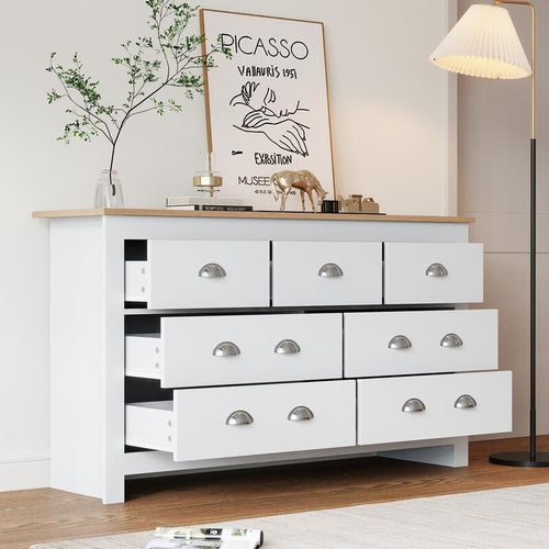 White Oak Sideboard Storage Cabinet 7 Drawer Buffet Table Unit Modern