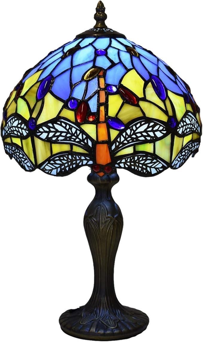 Antique Tiffany Table Lamp with Stained Glass Floral Shade, 42cm Tall