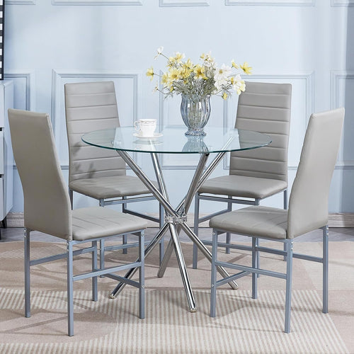 Set 4 Grey Faux Leather Chairs Round Glass Dining Table Compact Kitchen