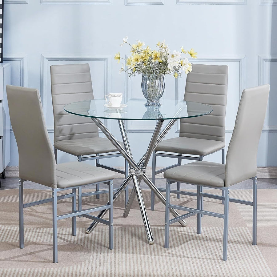 Set 4 Grey Faux Leather Chairs Round Glass Dining Table Compact Kitchen
