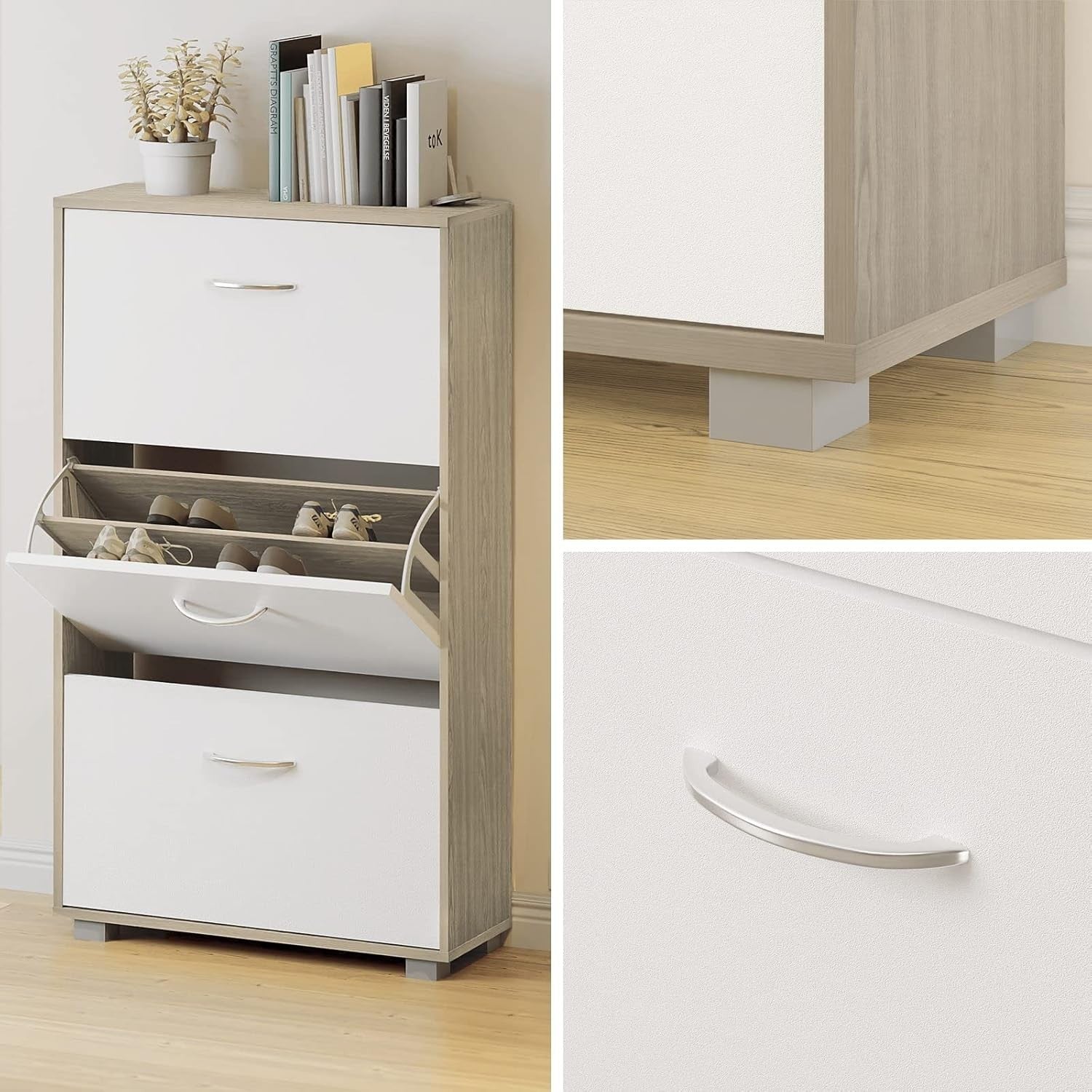 Modern 3 Door Shoe Cabinet Cupboard | Slim Hallway Storage Rack | 115x60x24cm