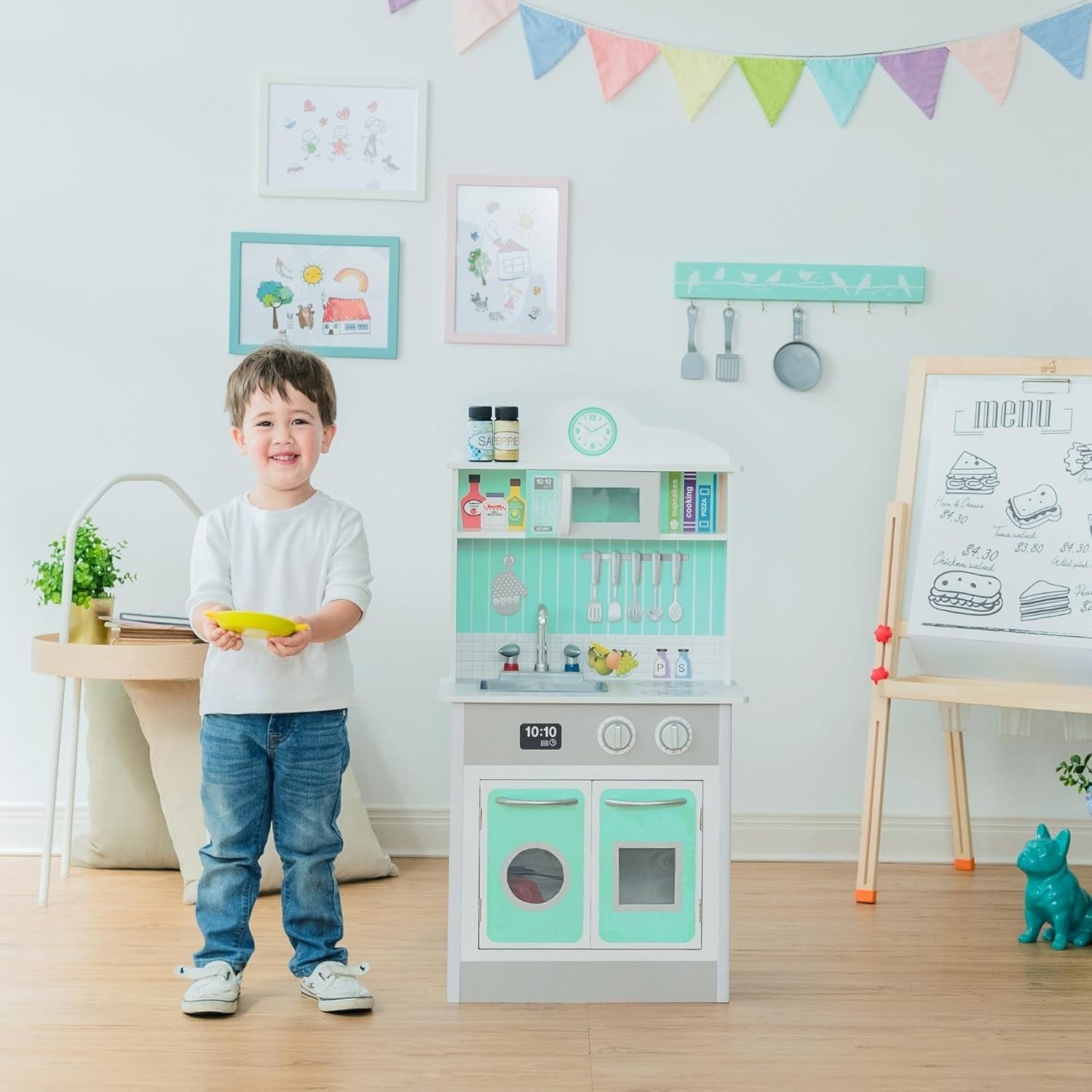 Compact Wooden Kids Play Kitchen Grey Mint Pretend Cooking Set