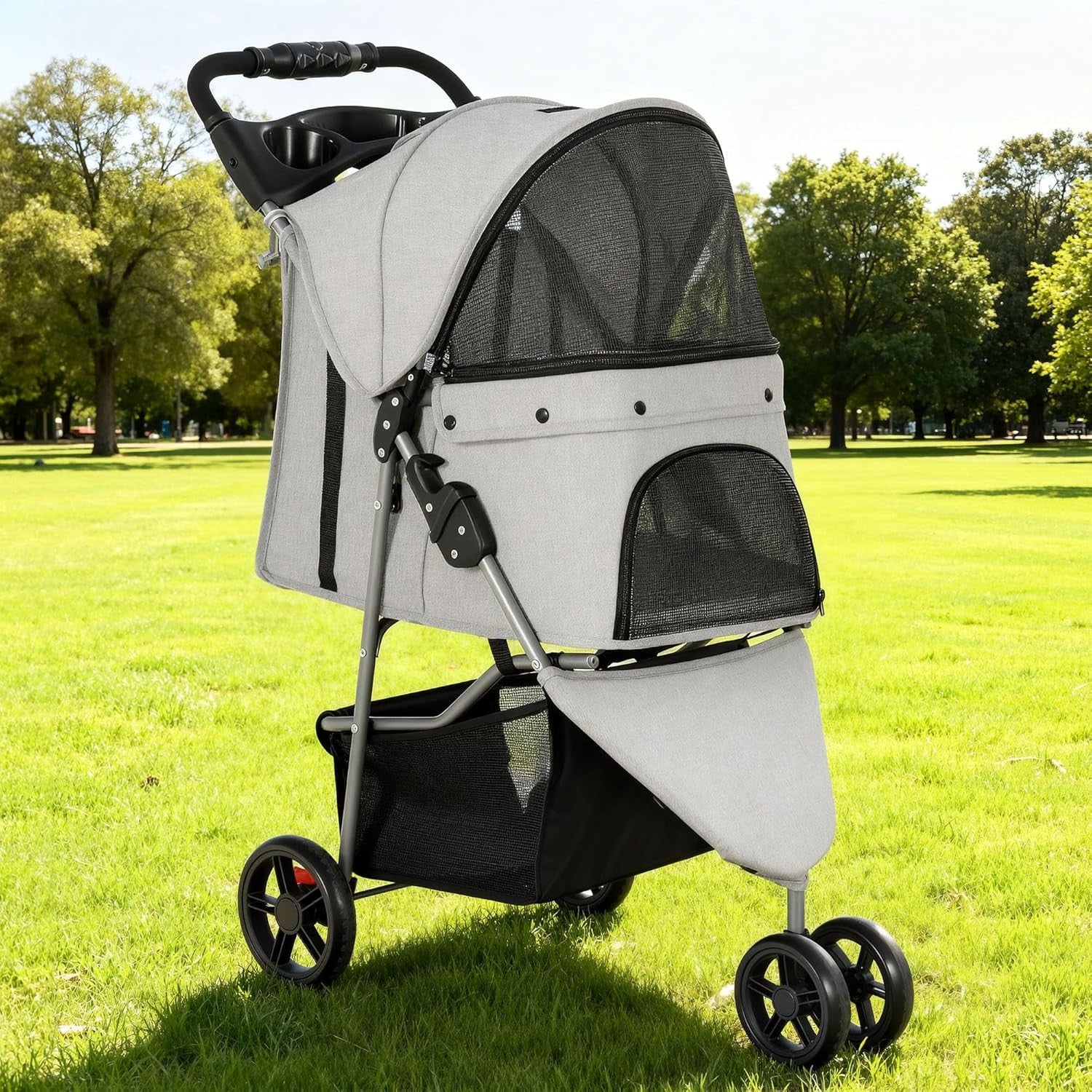 3 Wheel Dog Stroller Folding Pet Pram 15kg Mesh Windows Brakes Cup Holder
