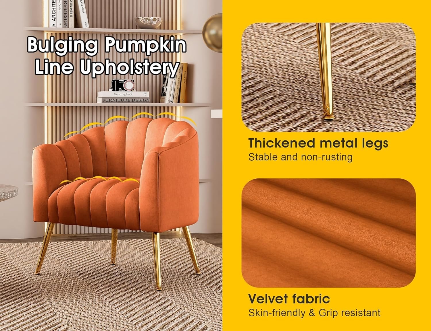 Oversized Pumpkin Accent Chair Velvet Barrel Sofa Lounge Chair for Living Room