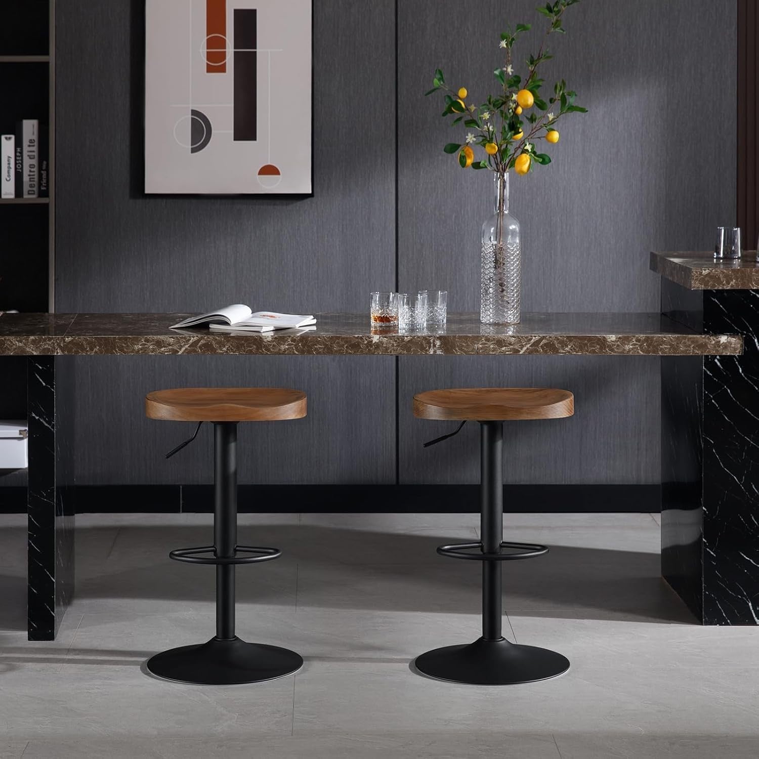 Height Adjustable Swivel Bar Stool with Solid Wood Seat & Footrest