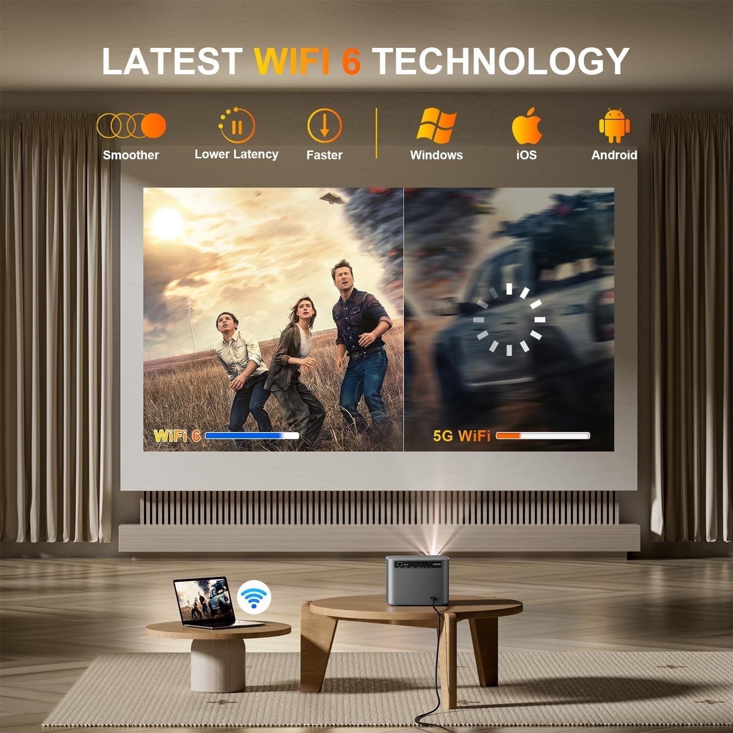 1080P Smart Projector WiFi6 Bluetooth Auto Focus Dustproof