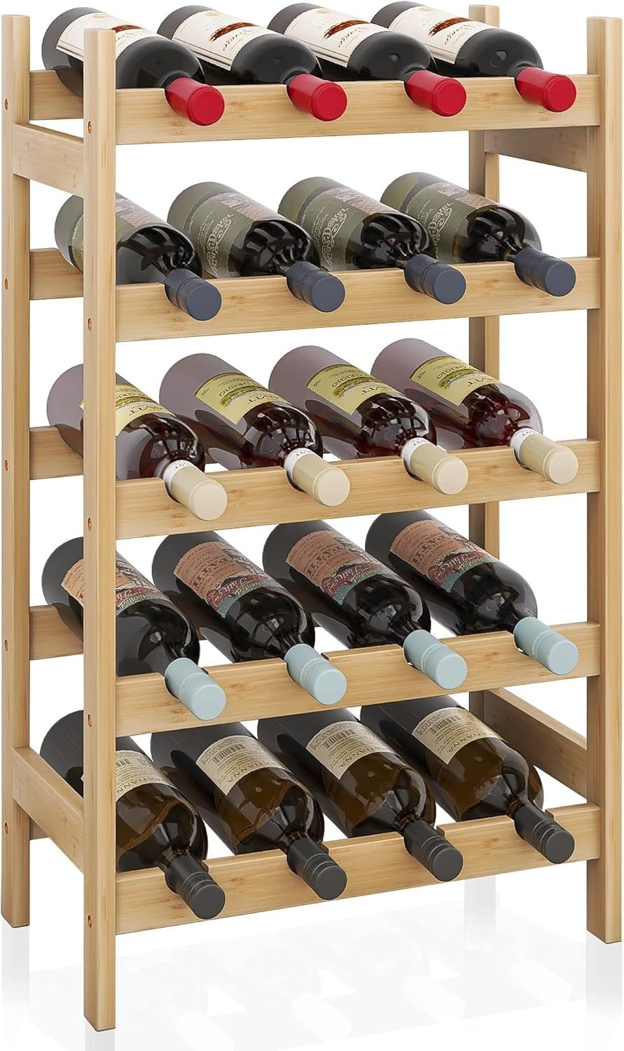 5 Tier Wooden Wine Rack 20 Bottle Storage Shelf Free Standing Natural Wood