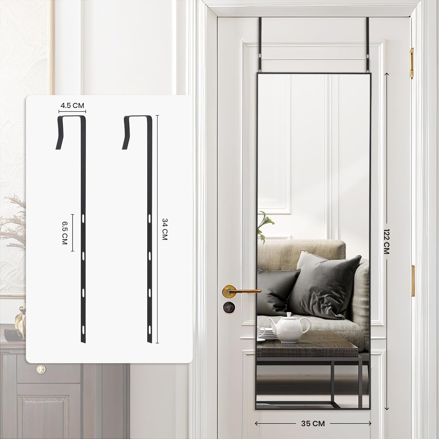 Full Length Over Door Mirror 122x35cm with Black Aluminum Frame