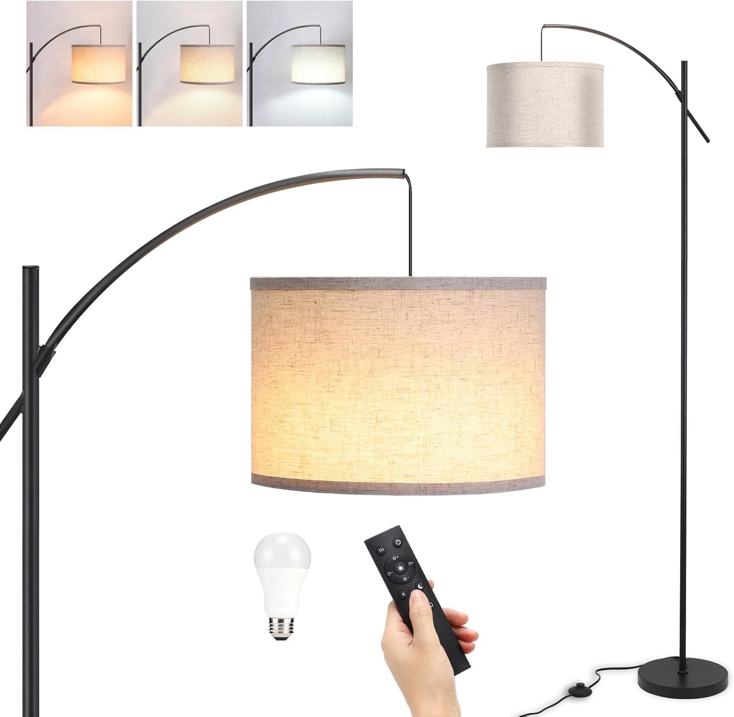 Arc Floor Lamp Dimmable Remote Control 3 Colour Temps E27 Modern Reading