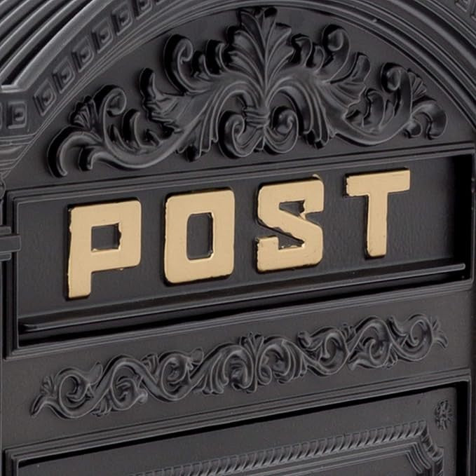 Wall Mounted Antique Mailbox Black Cast Aluminium Lockable A4 Slot Weatherproof