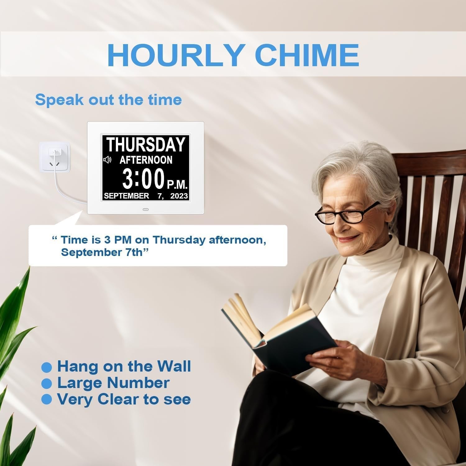 8” Dementia Digital Alarm Clock Large Day Date Auto Dimming Temp Humidity