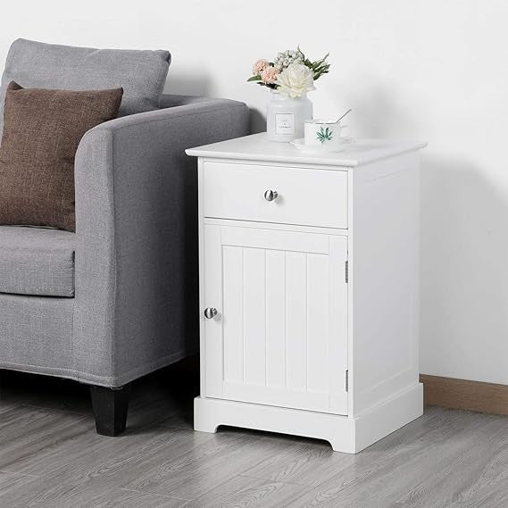 White Bedside Table with Drawer & Cupboard | Wooden Nightstand Storage Unit